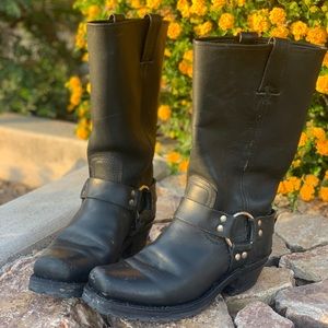 Black leather Frye moto boots with harness buckle